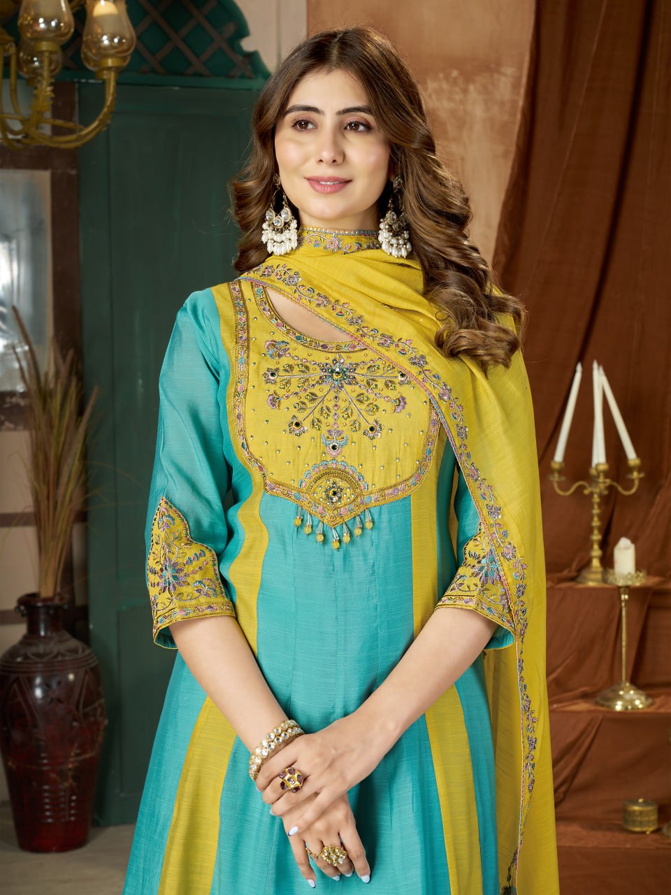 Mal Chanderi Embroidered Anarkali Kurti with Palazzo & Dupatta Set – Festive & Wedding Wear
