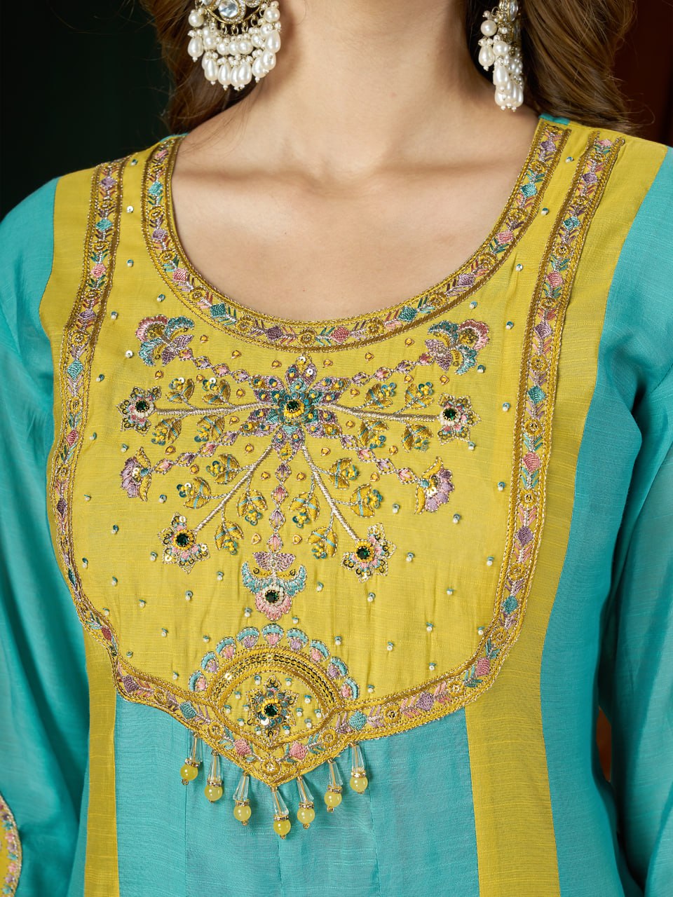 Mal Chanderi Embroidered Anarkali Kurti with Palazzo & Dupatta Set – Festive & Wedding Wear