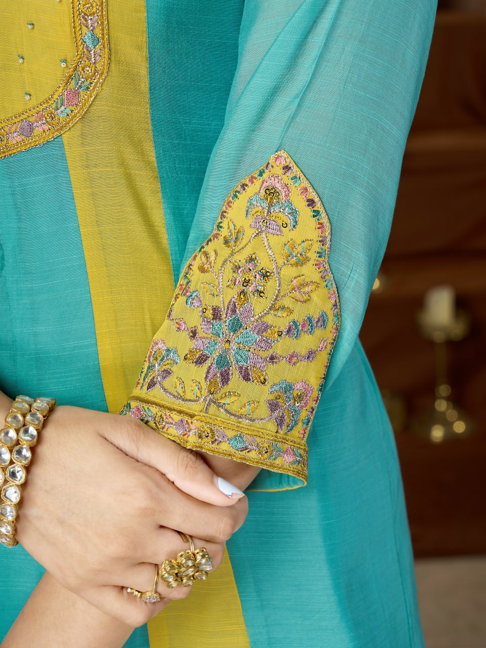 Mal Chanderi Embroidered Anarkali Kurti with Palazzo & Dupatta Set – Festive & Wedding Wear
