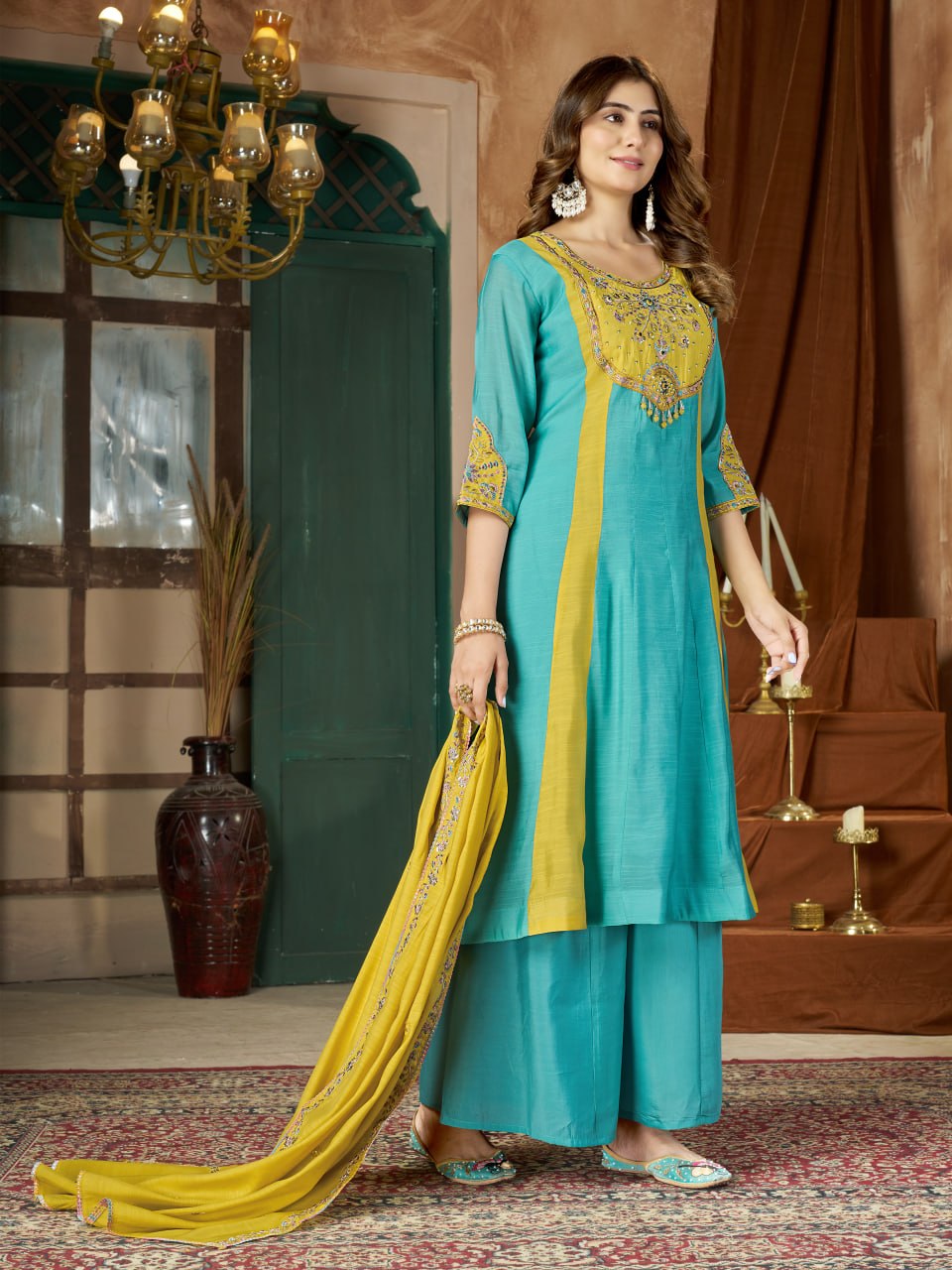 Mal Chanderi Embroidered Anarkali Kurti with Palazzo & Dupatta Set – Festive & Wedding Wear