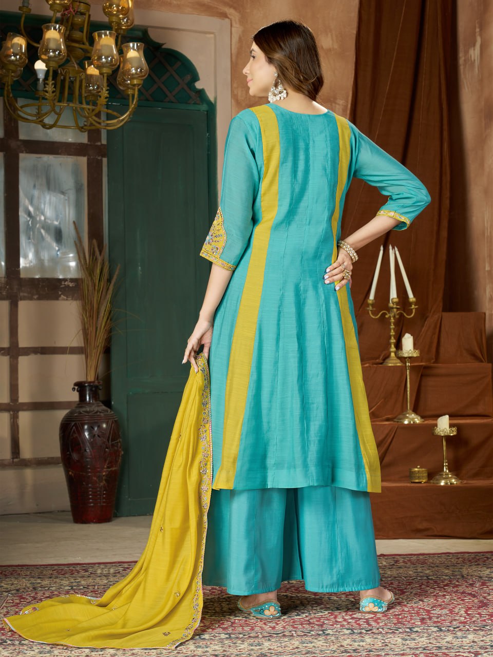 Mal Chanderi Embroidered Anarkali Kurti with Palazzo & Dupatta Set – Festive & Wedding Wear
